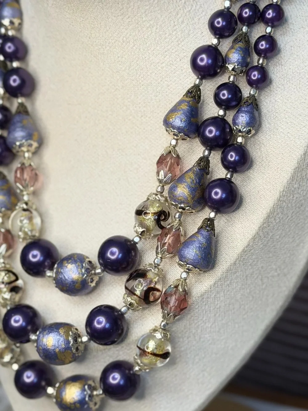 Japan Multi-Strand Art Glass Purple Statement Necklace Mid Century Vintage